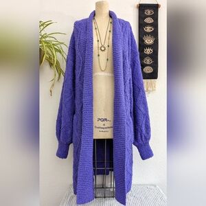 Vintage Vibrant Purple Balloon Sleeve Long Cardigan